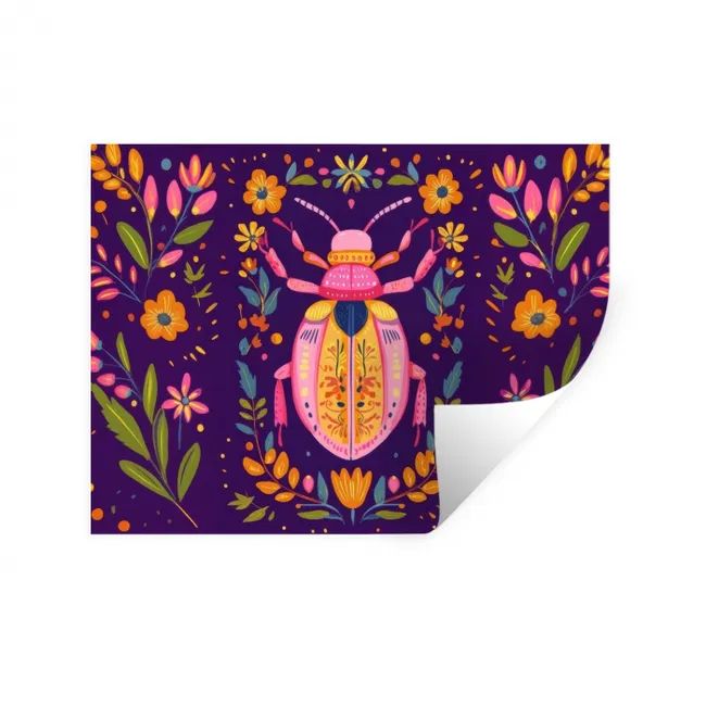 Muursticker - Kever - Felgekleurd - Bloemen - Bladeren