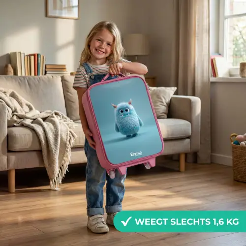 Blauw pluizig monster met hoorns Kinderkoffer - Roze klein -sfeer2_NL