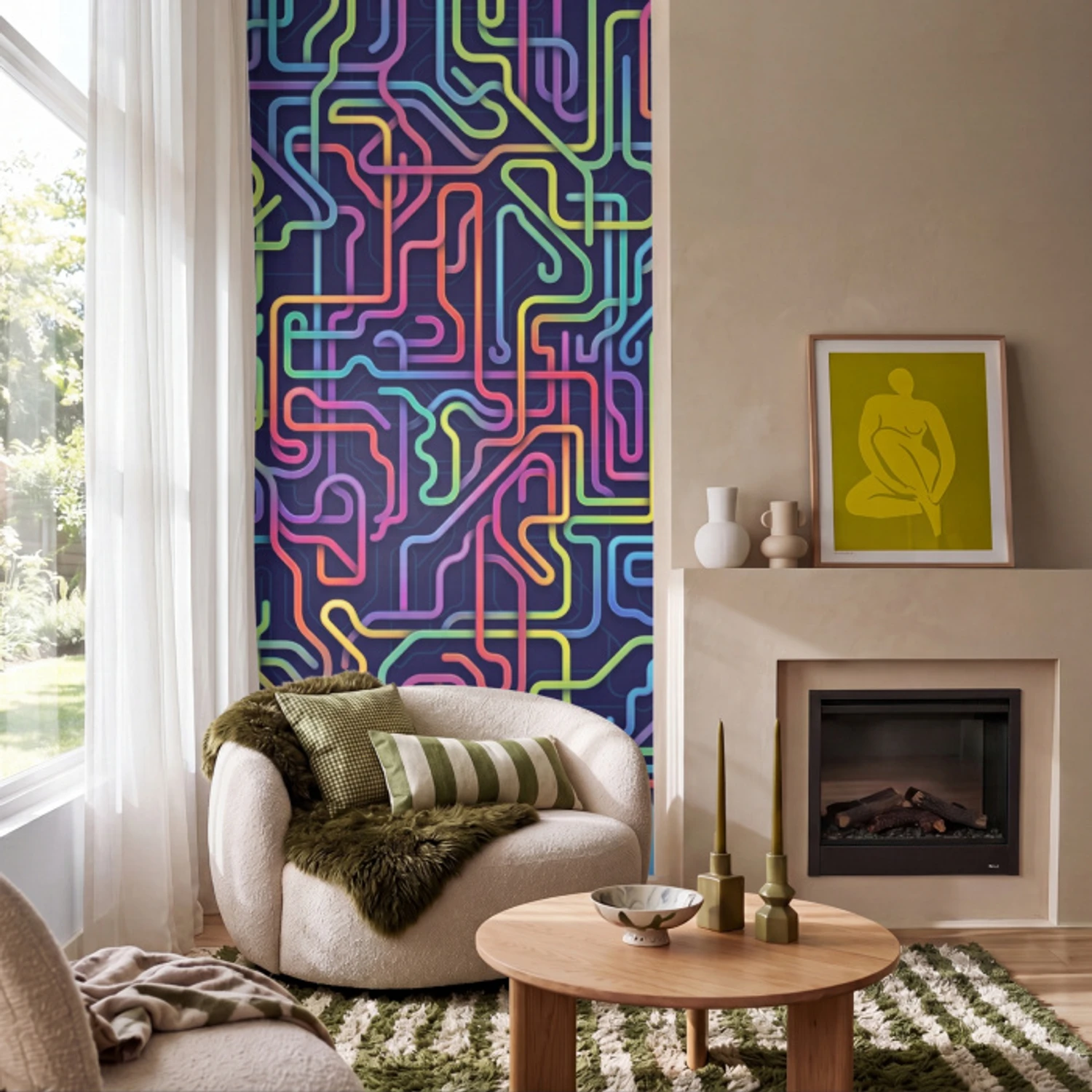 Retro - Abstract - Neon Behang Vinyl klein -sfeer2