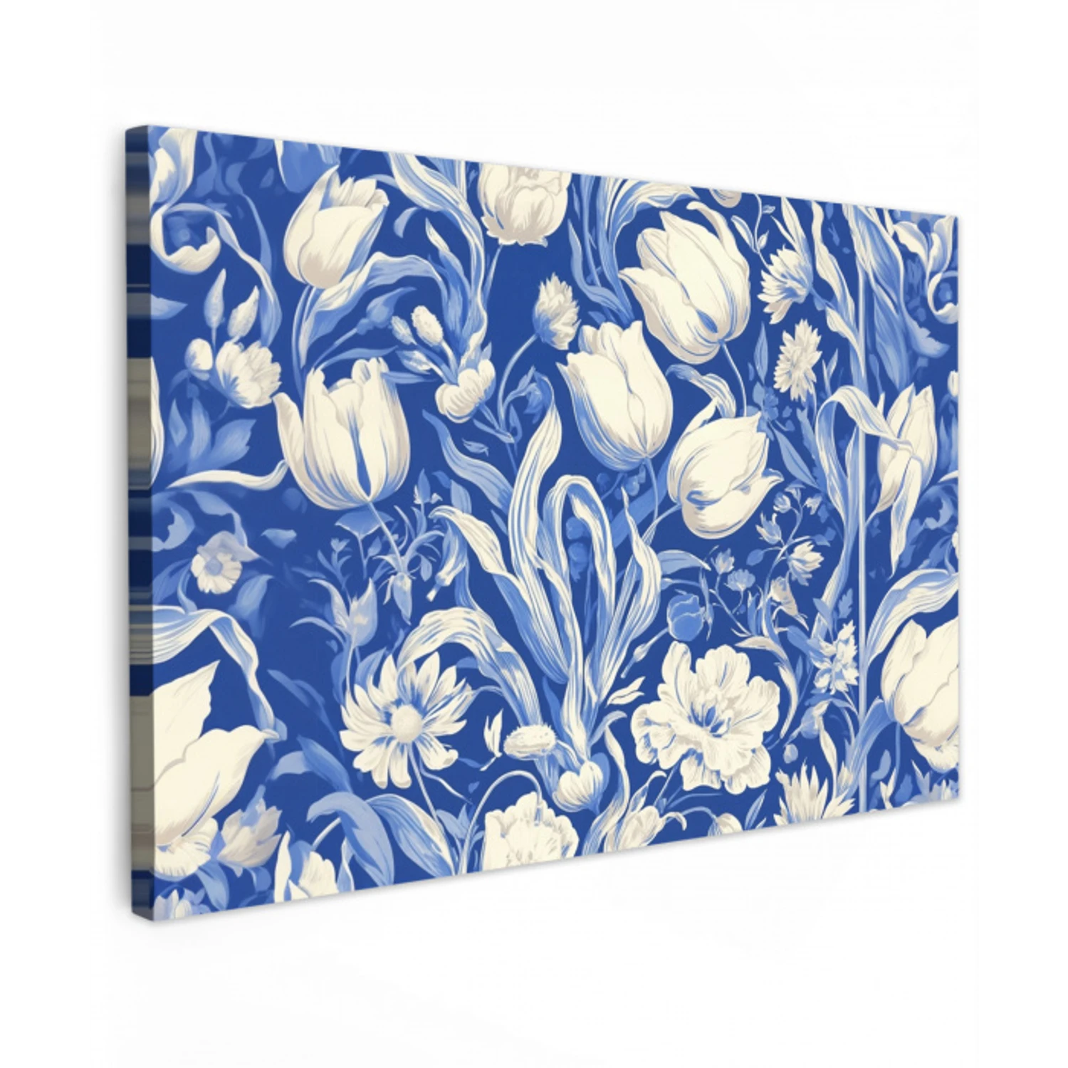 Bloemen - Delfts Blauw - Patroon - Tulp Tuinposter op houten frame 2 cm dik klein -3d