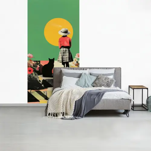 Retro - Meisje - Kat - Zon fotobehang vinyl groot -slaapkamer