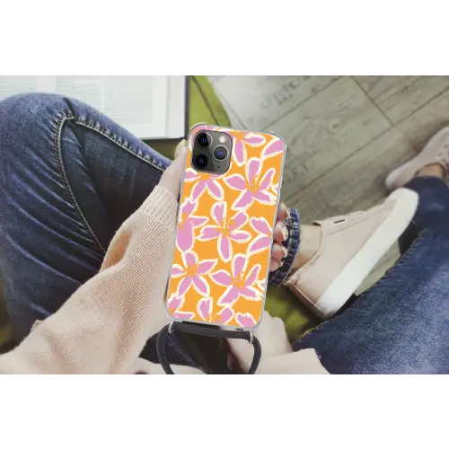 Bloemen - Patroon - Roze  - Oranje Hoesje iPhone 12 Pro met koord klein -hand