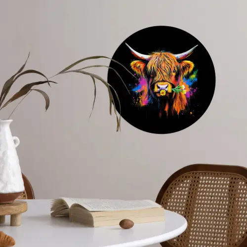 Schotse Hooglander - Graffiti - Kleurrijk - Bloem - Dieren Wandcirkel behangsticker klein -sfeer3