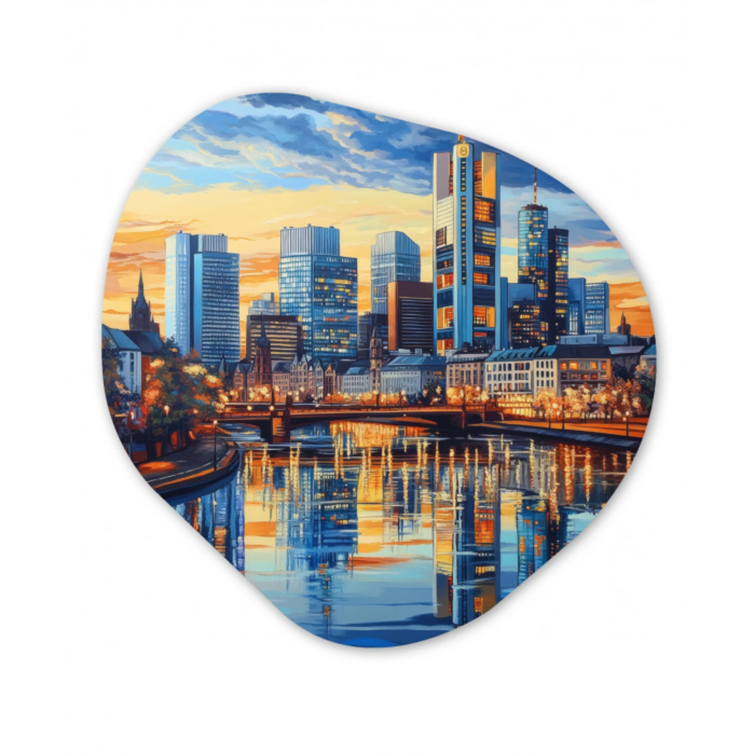 Zonsondergang Frankfurt - Stad - Skyline - Water Wandcirkel Organisch Plexiglas middel -3d