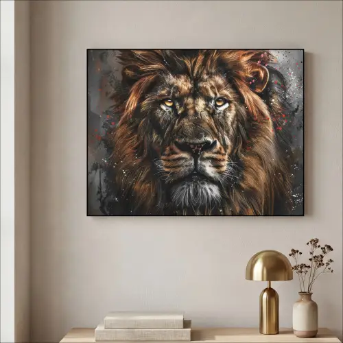 Leeuw - Dieren - Portret - Zwart - Luxe Textielframe zwart klein -sfeer2