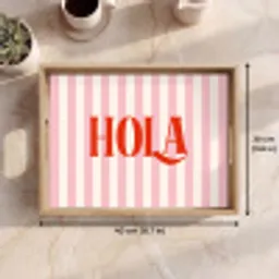 Hola - Quote -  Strepen - Pastel - Roze - Rood - Wit Dienblad Rechthoek middel -USP_FormaatEN