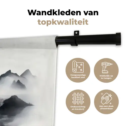 Bergen - Mistig - Water - Wit Wandkleed katoen klein -sfeer2