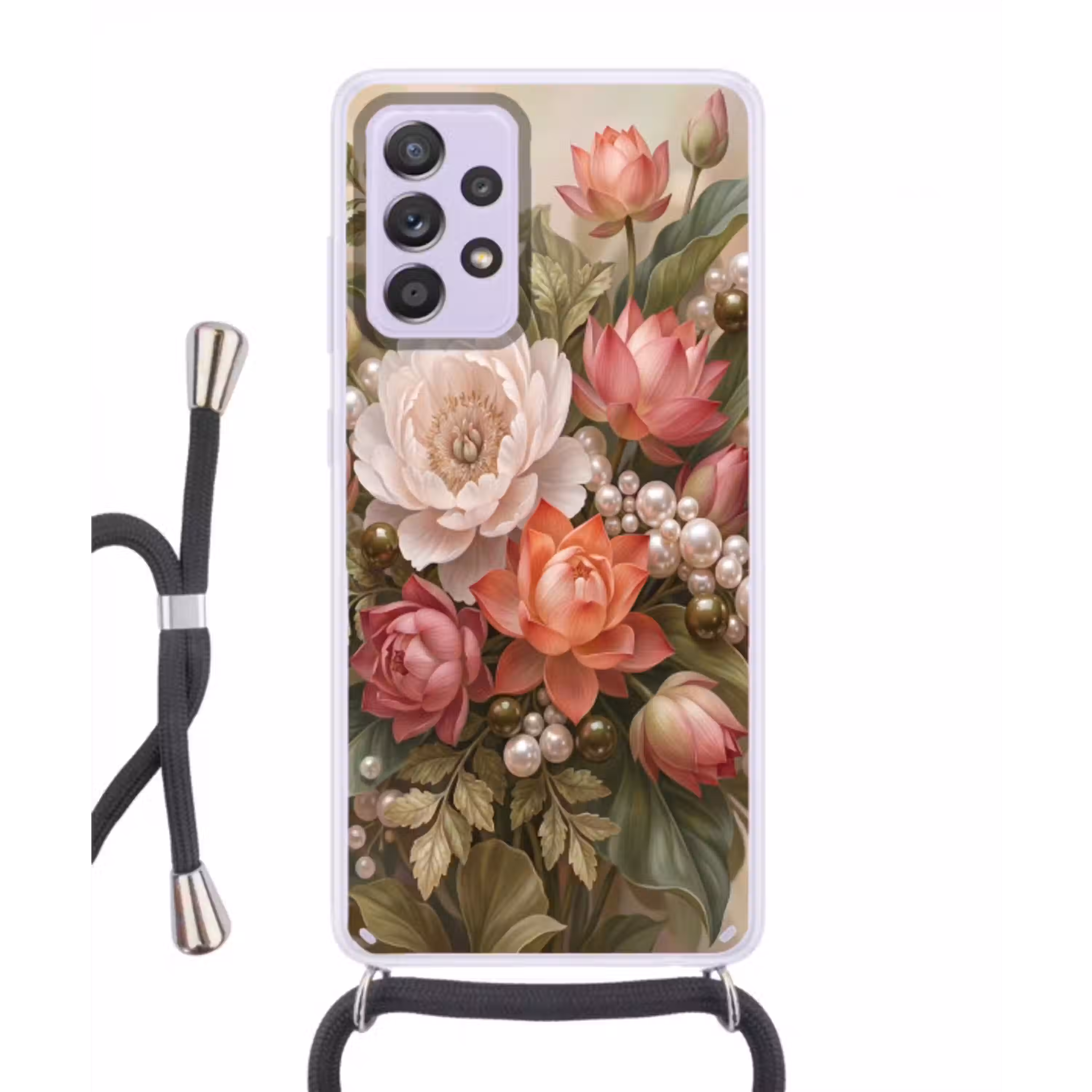Bloemen - Parels - Elegant - Roze - Wit Hoesje Samsung Galaxy A52 5G met koord klein -3d