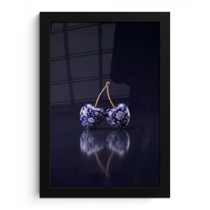 Porselein- Kersen - Delfts - Blauw fotolijst zwart zonder passe partout klein -3d
