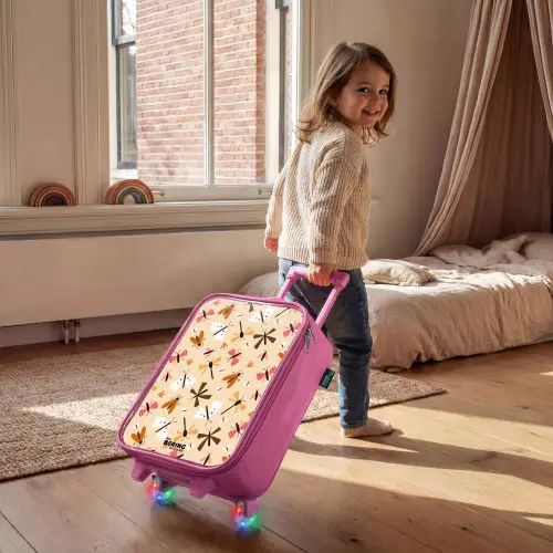 Insectenpatroon in bruin, roze en oranje op beige achtergrond Kinderkoffer - Roze klein -sfeer1