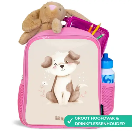 Hond in de kleuren bruin en beige Kinderrugzak - Roze middel -inhoud_NL