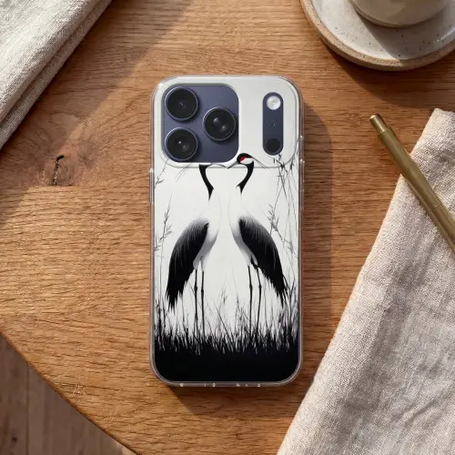 Kraanvogels - Gras - Hartvorm - Zwart Telefoonhoesje iPhone 17 Pro klein -sfeer1