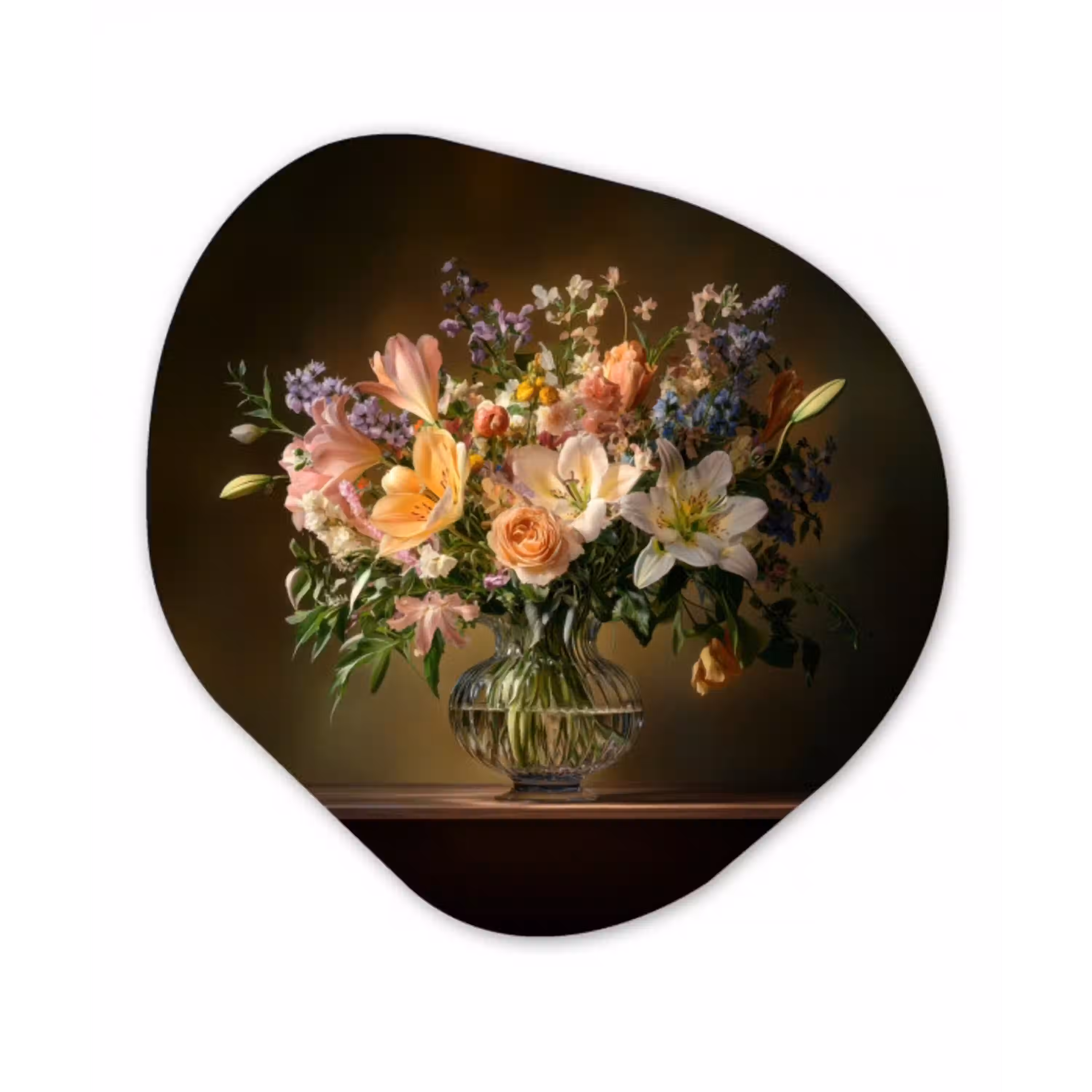 Glazen - Bloemen - Boeket - Kleuren Wandcirkel Organisch Plexiglas middel -3d
