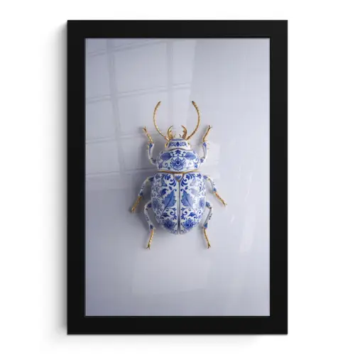 Kever - Delfts  - Blauw - Goud fotolijst zwart zonder passe partout klein -3d