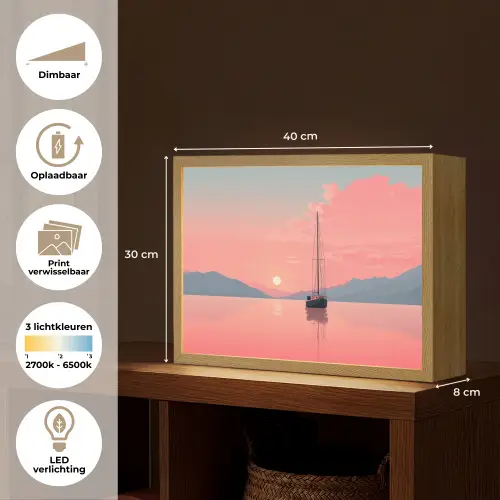 Zeilboot - Roze zee - Zonsondergang - Bergen Light Box met batterij (Wandlamp) middel -USP_websiteoverzichtNL