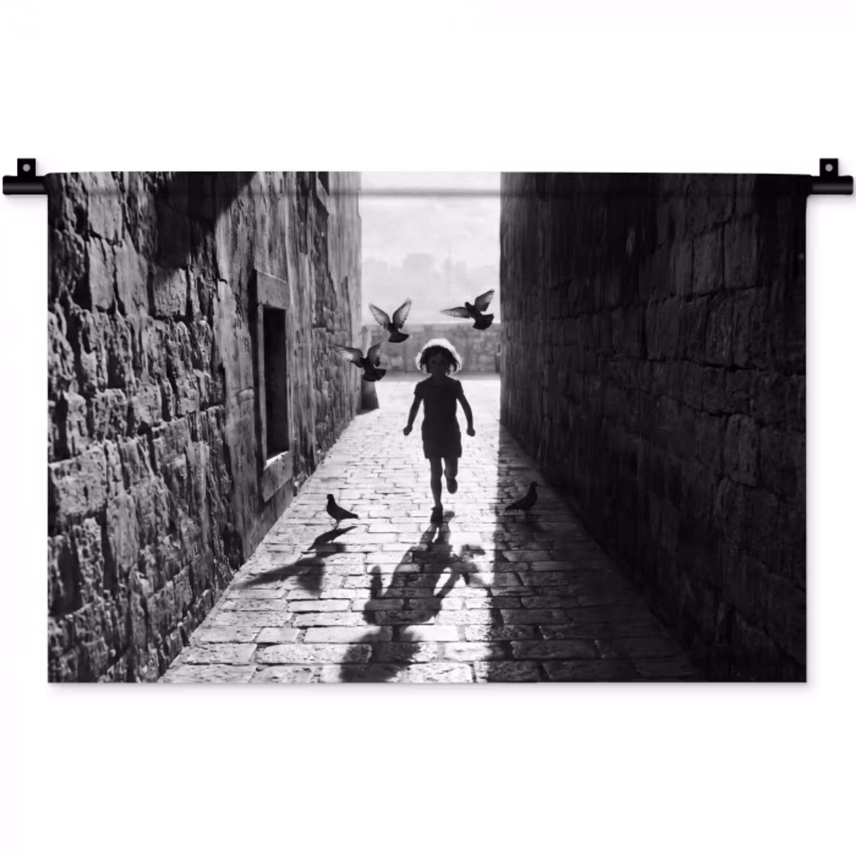 Kind - Vogel - Straat - Zwart-wit - Spelen Wandkleed katoen klein -zz3d