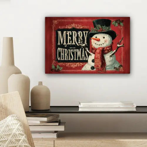 Klassiek - Kerstgroet - Sneeuwpop - Rood canvas 2cm klein -sfeer6