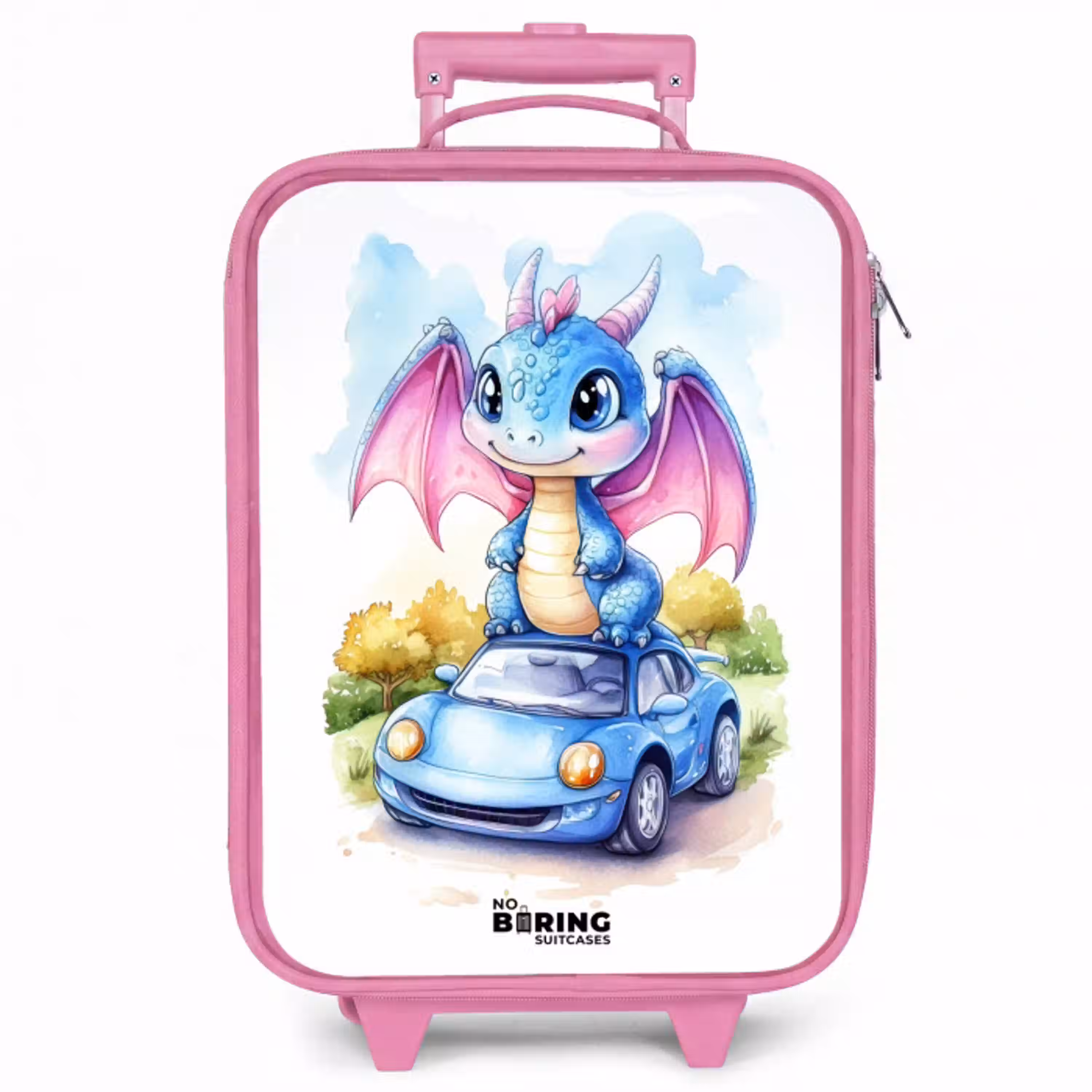 Baby draak op blauwe auto in bosrijk landschap Kinderkoffer - Roze klein -zzz_website3d