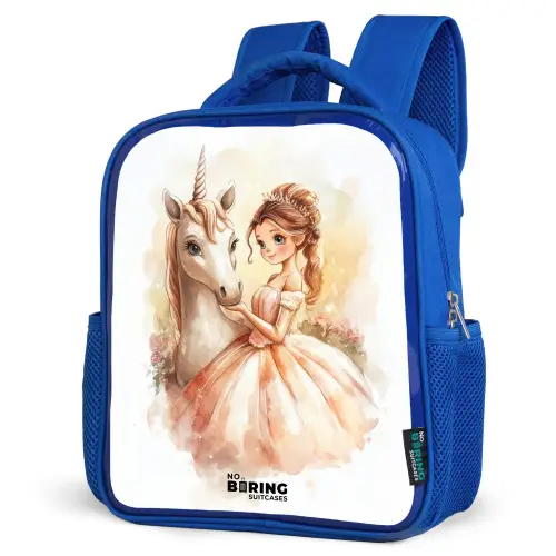 Prinses in jurk met witte eenhoorn Kinderrugzak - Blauw middel -schuin