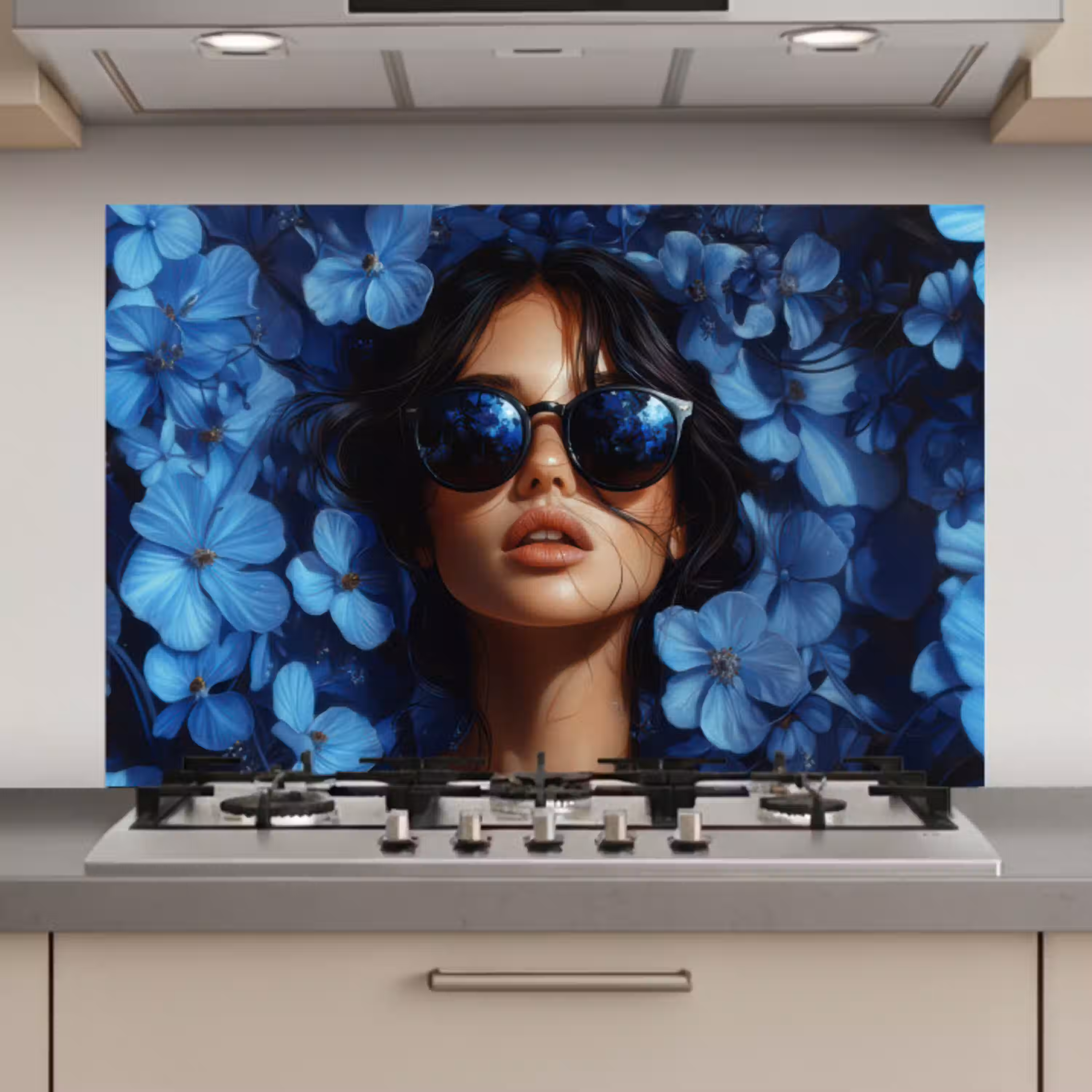 Vrouw - Blauw - Bloemen - Vlinders - Natuur keuken achterwand spatscherm klein -3d_website