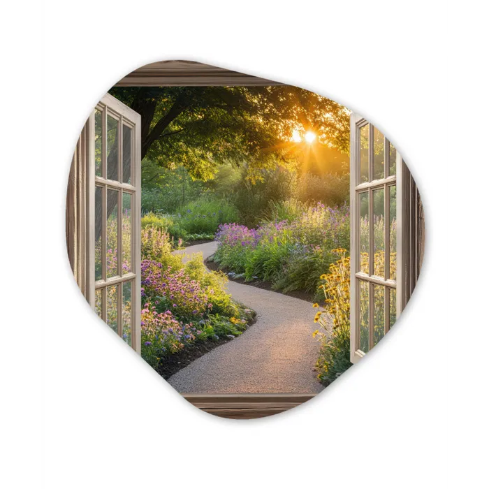 Doorkijk - Bloemen - Natuur - Zon - Pad Wandcirkel Organisch Aluminium middel -3d