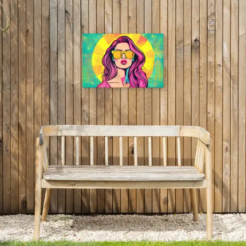 Zonnebril - Vrouw - Zonnig - Geel Tuinposter op houten frame 2 cm dik klein -sfeer4