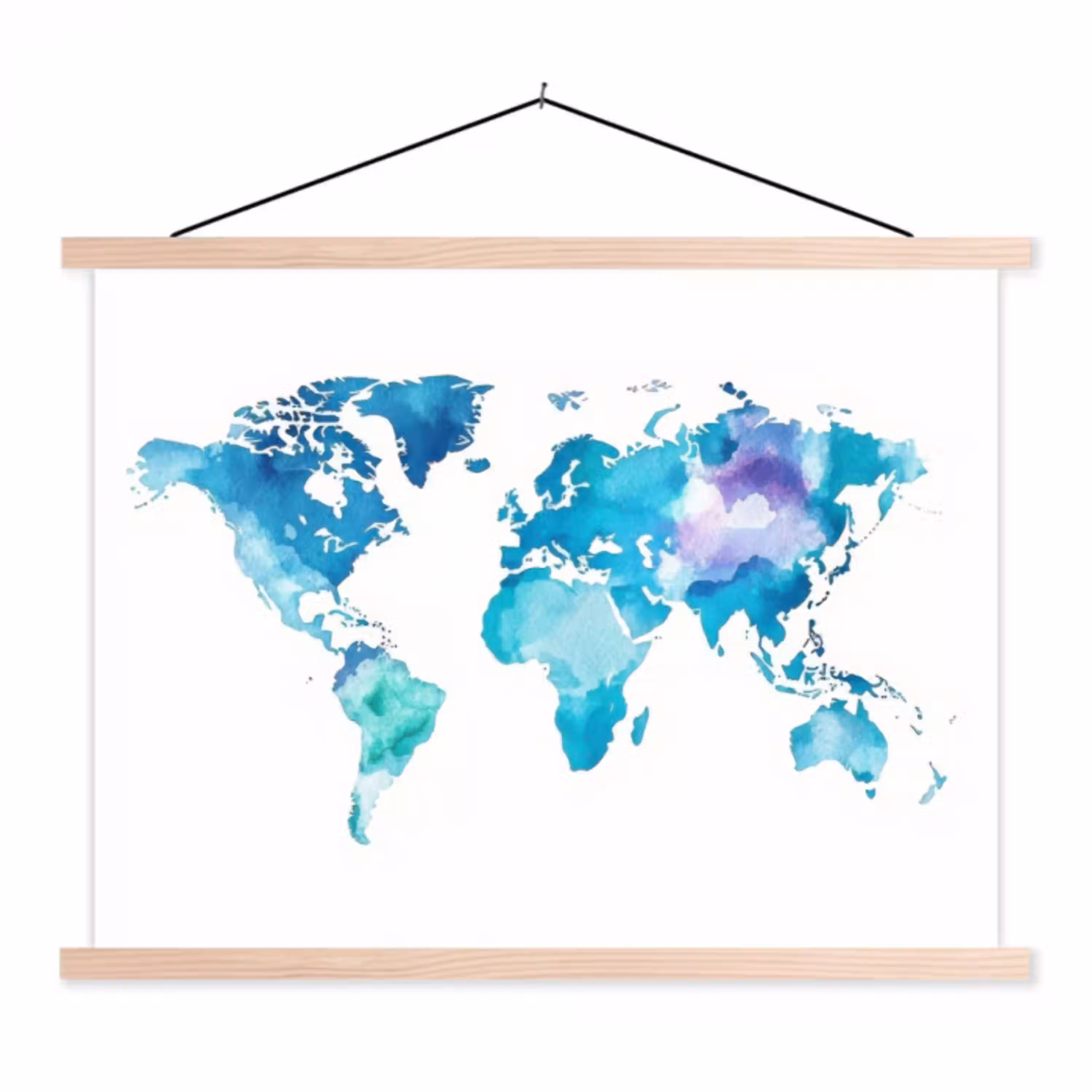 Wereldkaart - Verf - Blauw - Paars textielposter latten blank klein -3d