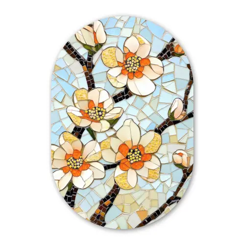 Bloesems - Wit - Mozaïek - Tak Wandcirkel Ovaal Glas middel -3d