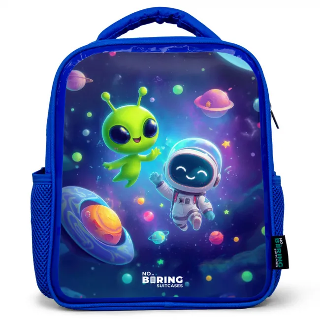 Vrolijke Ontmoeting in de Ruimte Kinderrugzak - Blauw middel -3d