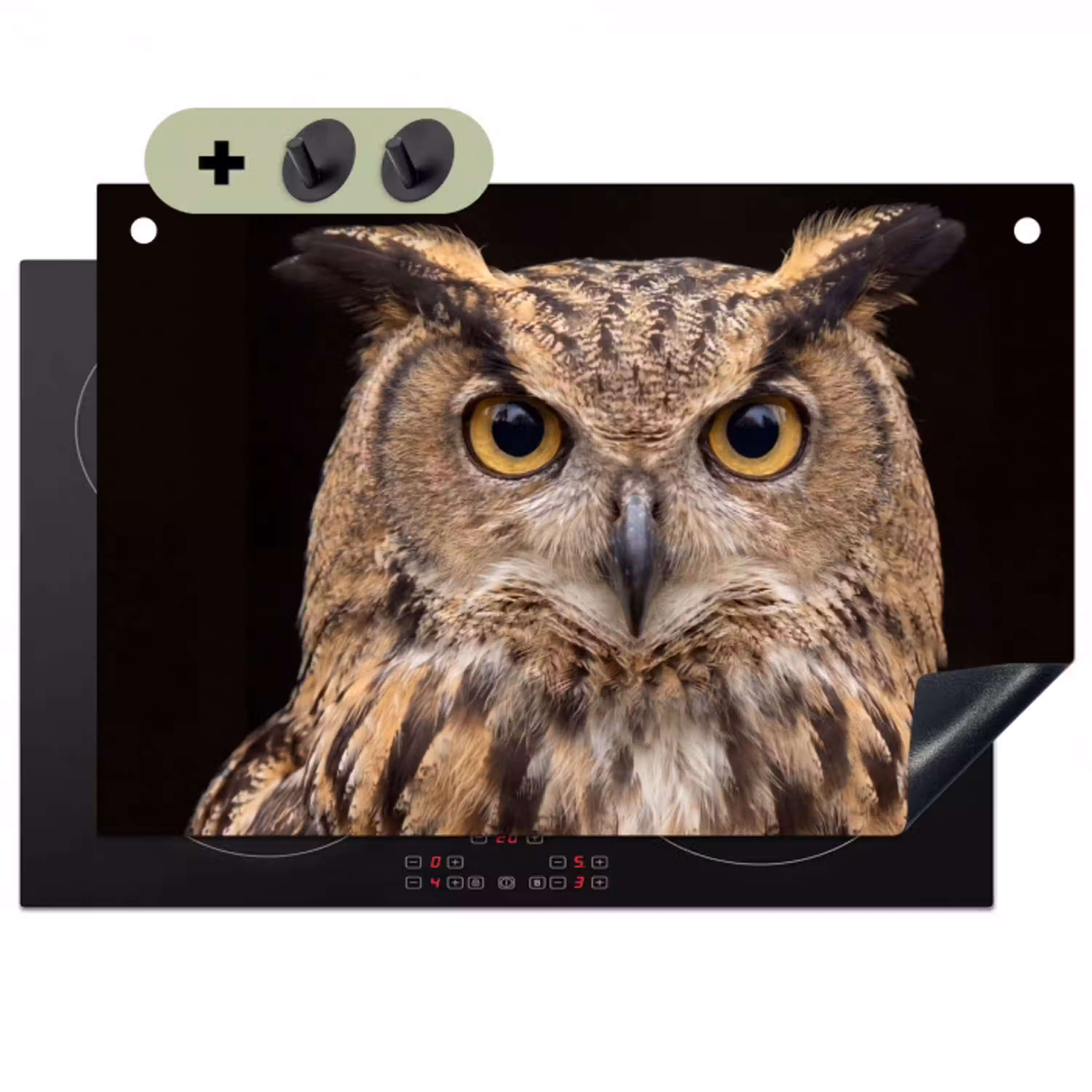 Oehoe - Uil - Portret - Bruin Inductie beschemer met haakjes klein -3d