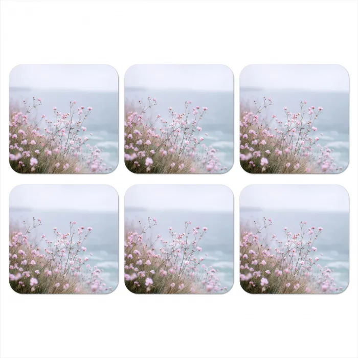 Klif - Bloemen - Zee - Roze onderzetter kurk middel -3d