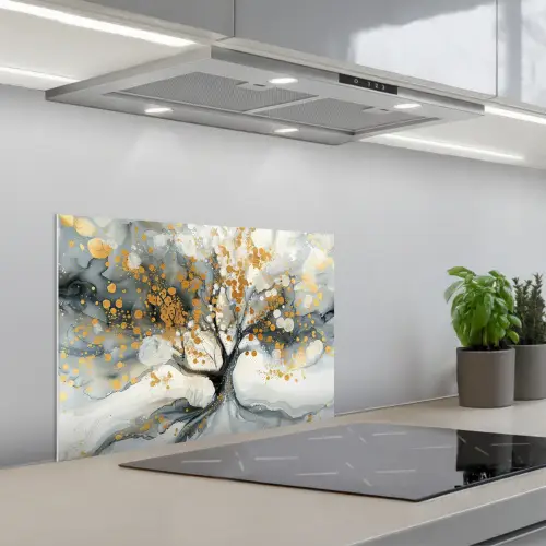 Boom - Modern - Abstract - Goud - Zwart - Wit keuken achterwand spatscherm klein -3d_schuin