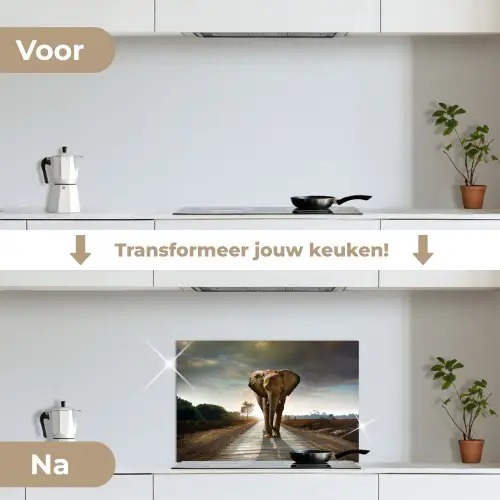 Olifant - Weg - Dieren - Zonsondergang - Landschap keuken achterwand spatscherm klein -voor_na_NL
