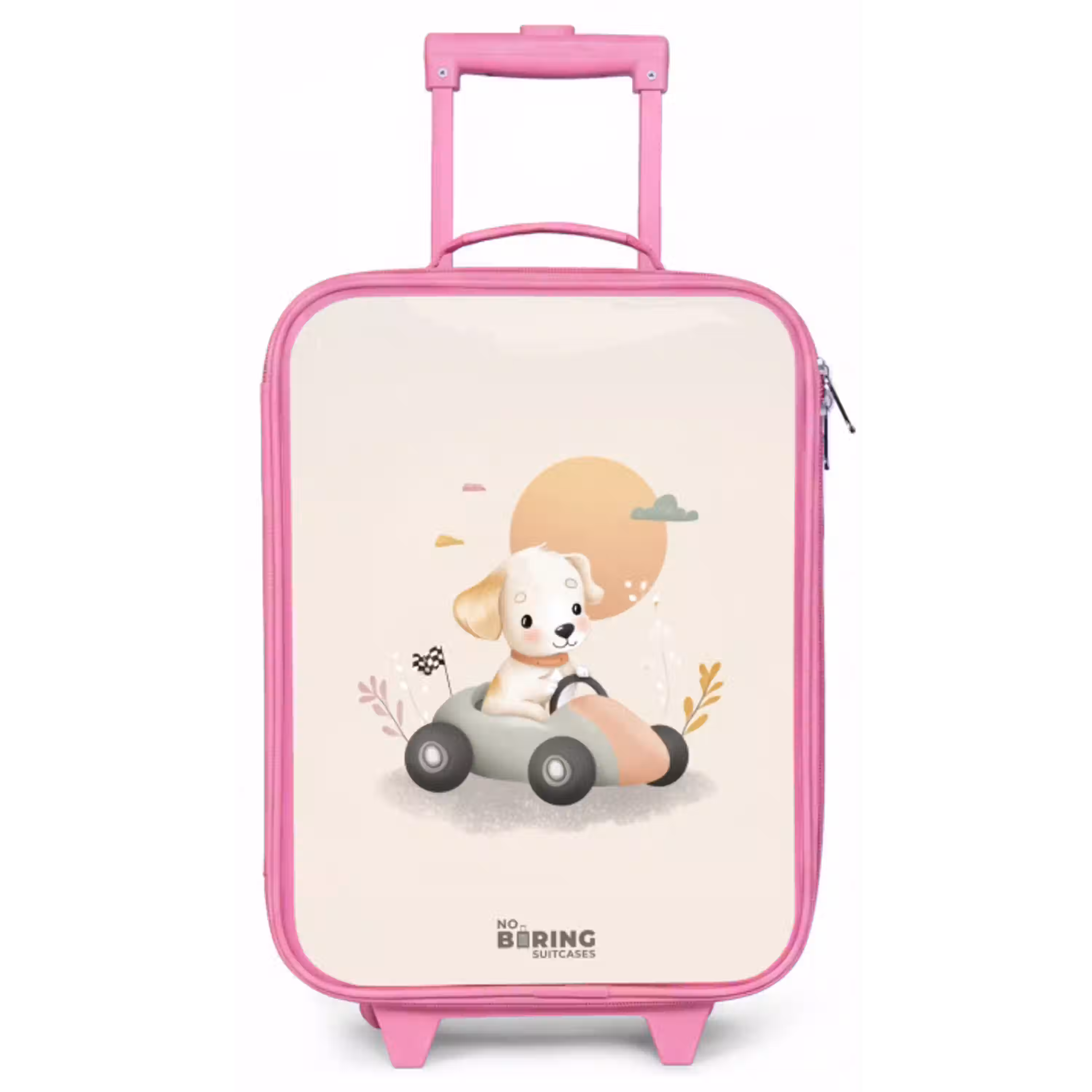 Puppy in een raceauto in beige kleuren Kinderkoffer - Roze klein -zz3dotto
