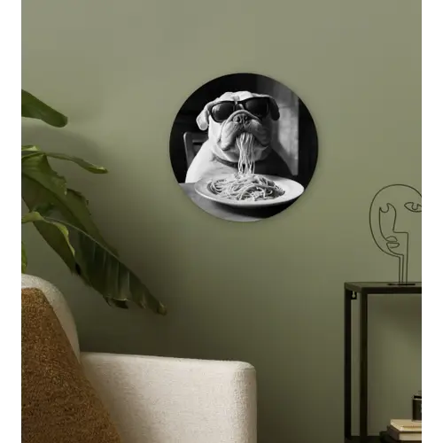 Hond - Bulldog - Pasta - Bril - Stoer - Dieren Wandcirkel kunststof plaat 5mm dik klein -sfeer3