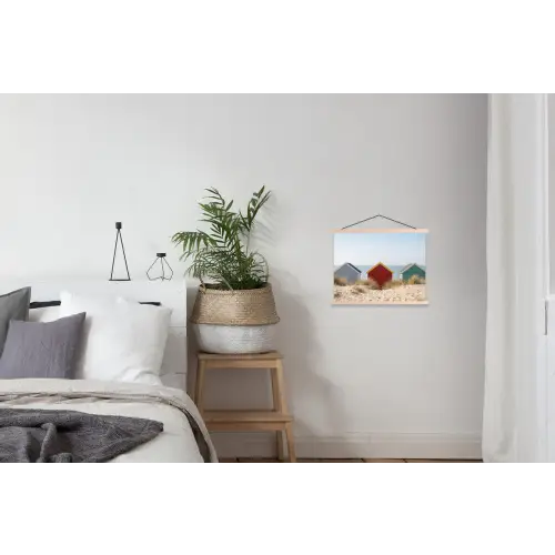 Strand - Huisjes - Kleurrijk - Duinen textielposter latten blank klein -woonkamer