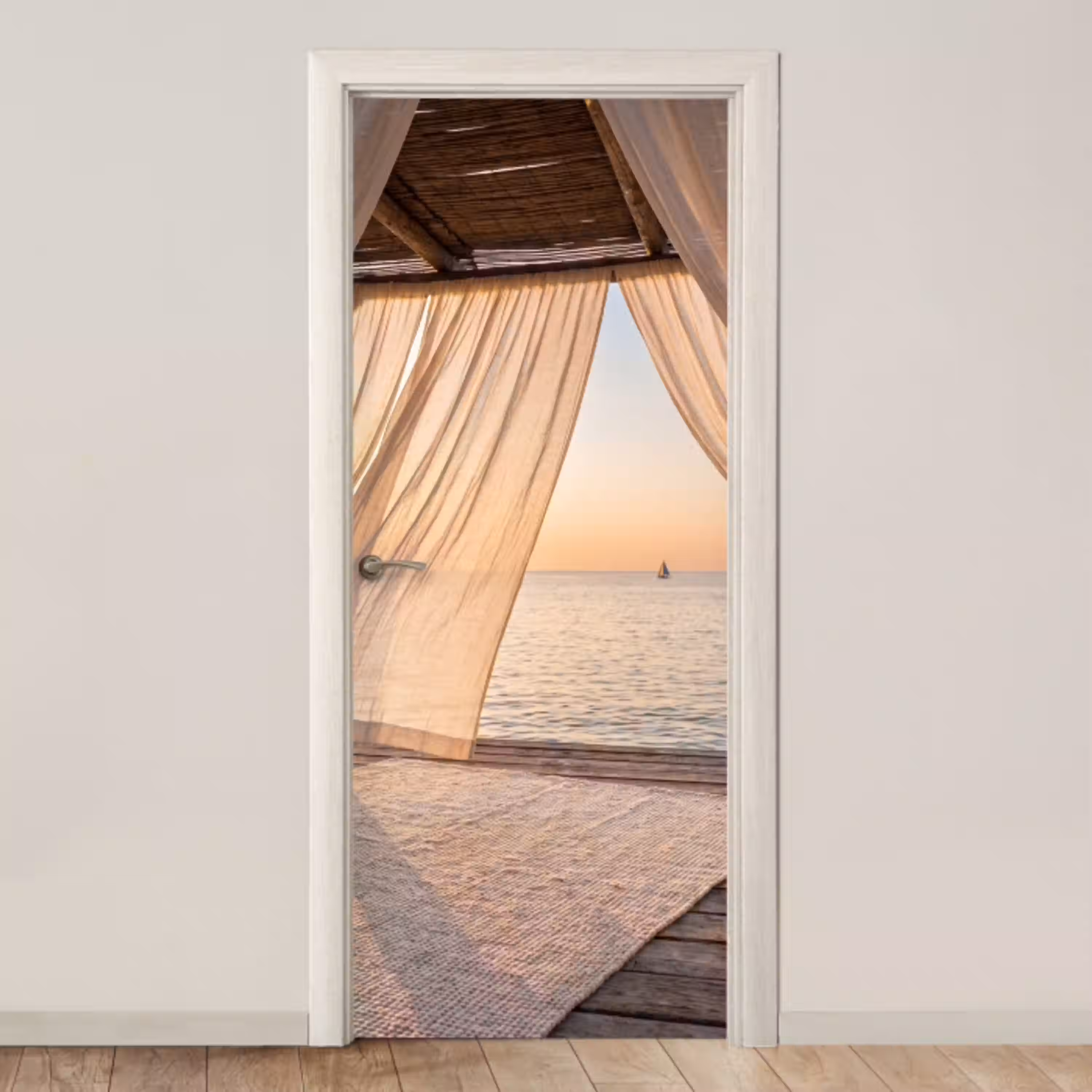 Overkapping - Zee - Zonsondergang - Vakantie - Rust deurposter klein -3d_beige