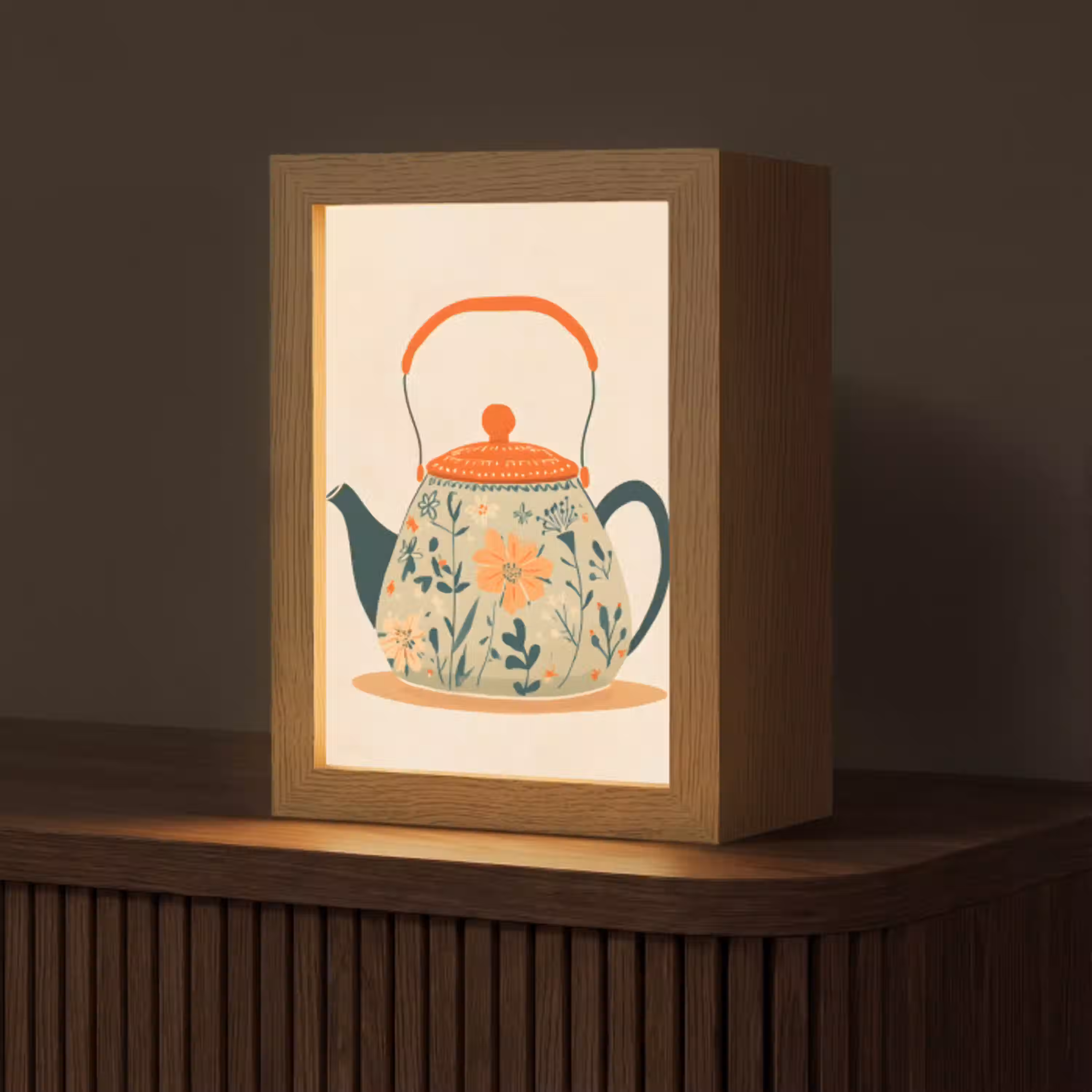 Oranje - Theepot - Bloemen - Bladeren Light Box met kabel (Tafellamp) klein -z3d_website