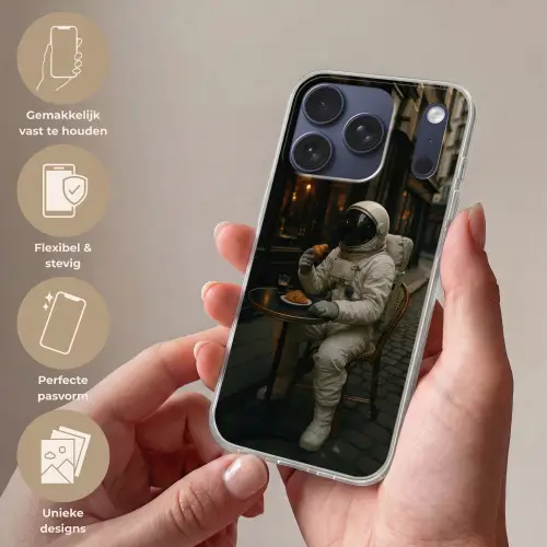 Café - Croissant - Koffie - Astronaut Telefoonhoesje iPhone 17 Pro klein -sfeer3_NL