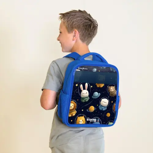 Dieren - Astronaut - Planeten - Sterren Kinderrugzak - Blauw middel -sfeer2