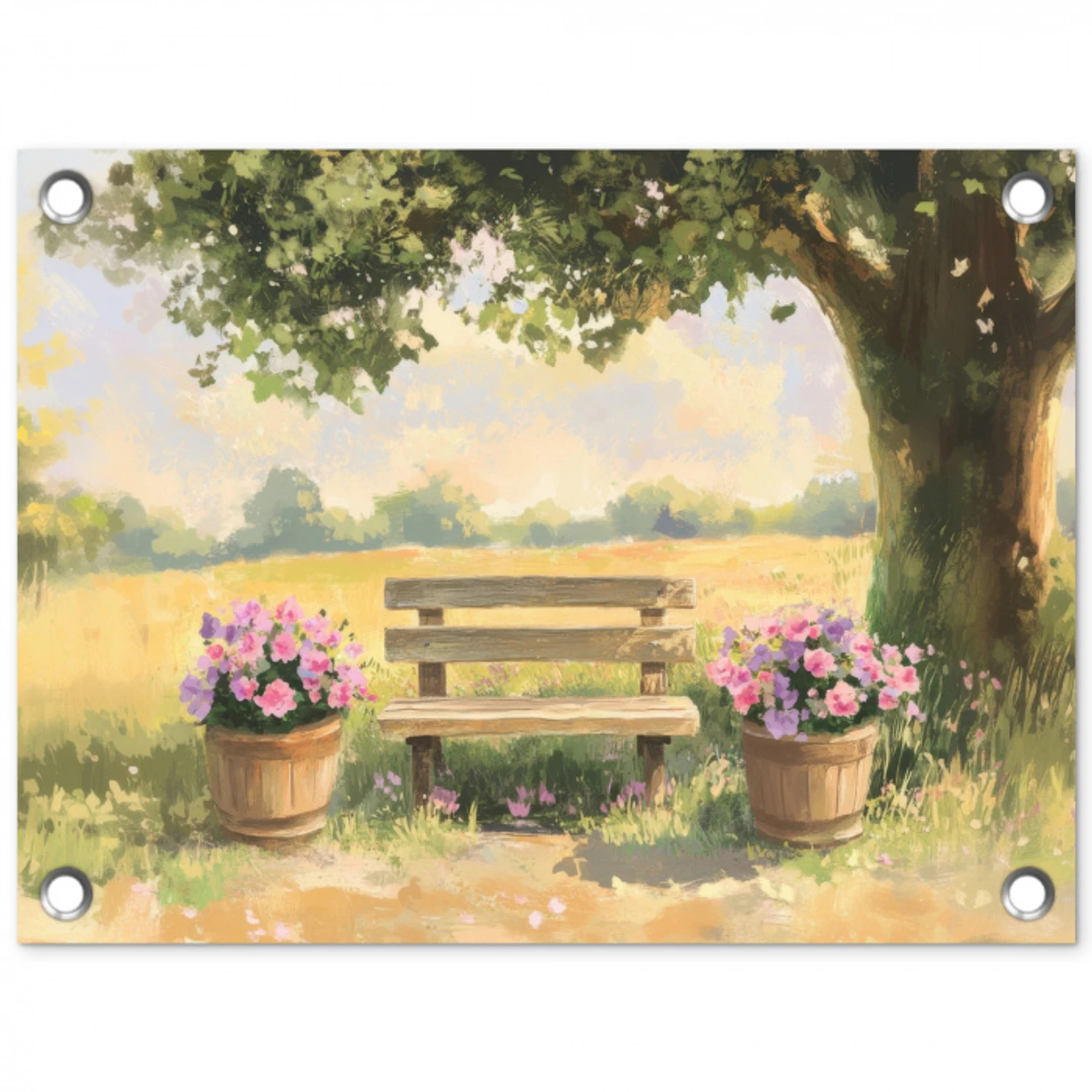 Houten bankje - Bloempotten - Landschap tuinposter los doek klein -3d