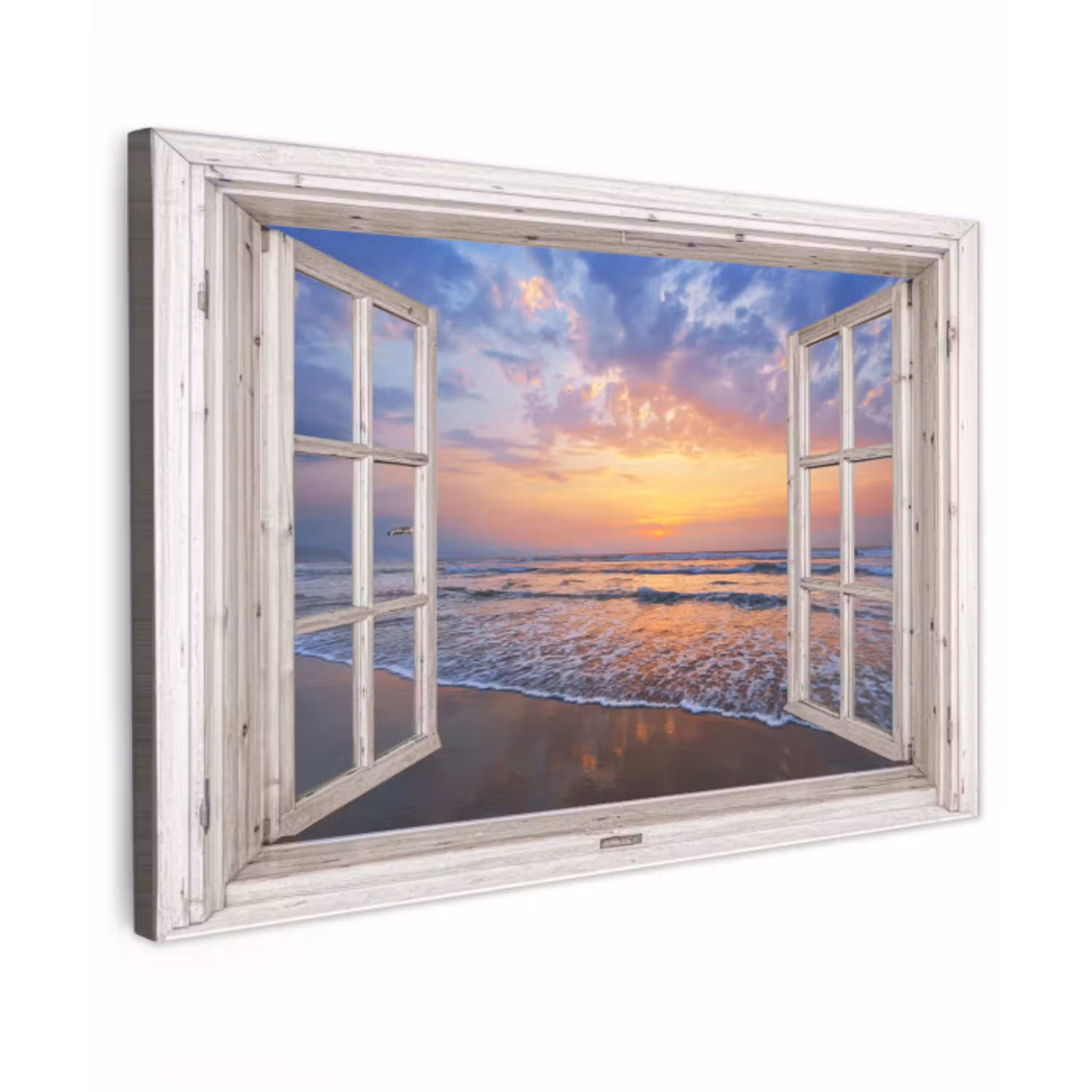 Doorkijk - Zee - Strand - Zonsondergang - Blauw Tuinposter op houten frame 2 cm dik klein -3d