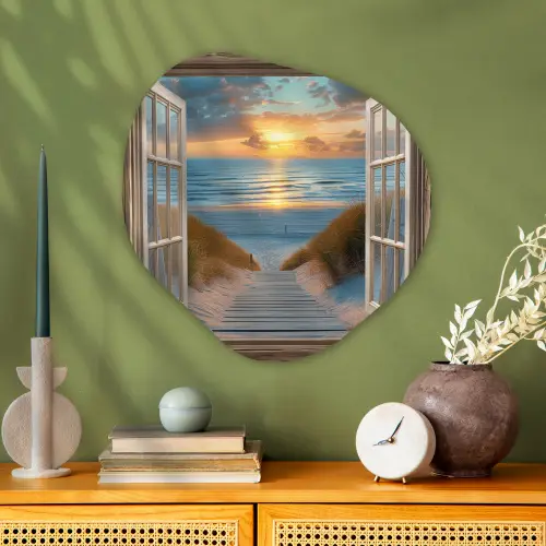Doorkijk - Strand - Pad - Zonsondergang Wandcirkel Organisch Plexiglas middel -sfeer2