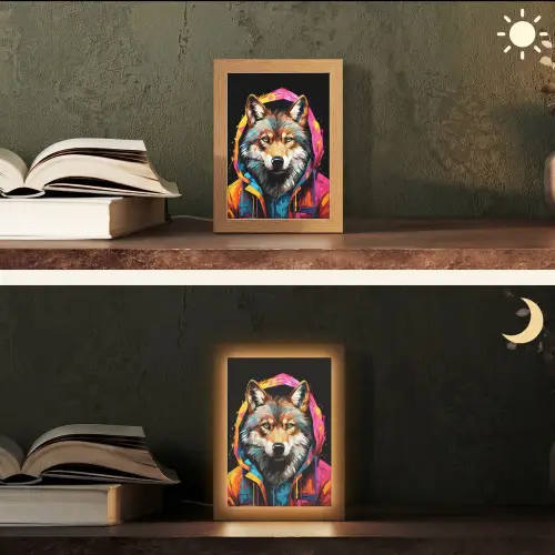 Graffiti - Wolf - Jas - Zwart Light Box met kabel (Tafellamp) klein -sfeer3