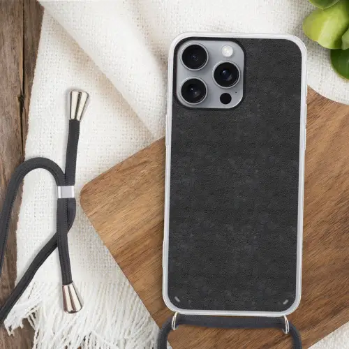 Donkergrijs - Asfaltstructuur - Ruw Hoesje iPhone 16 Pro Max met koord klein 804 -sfeer4