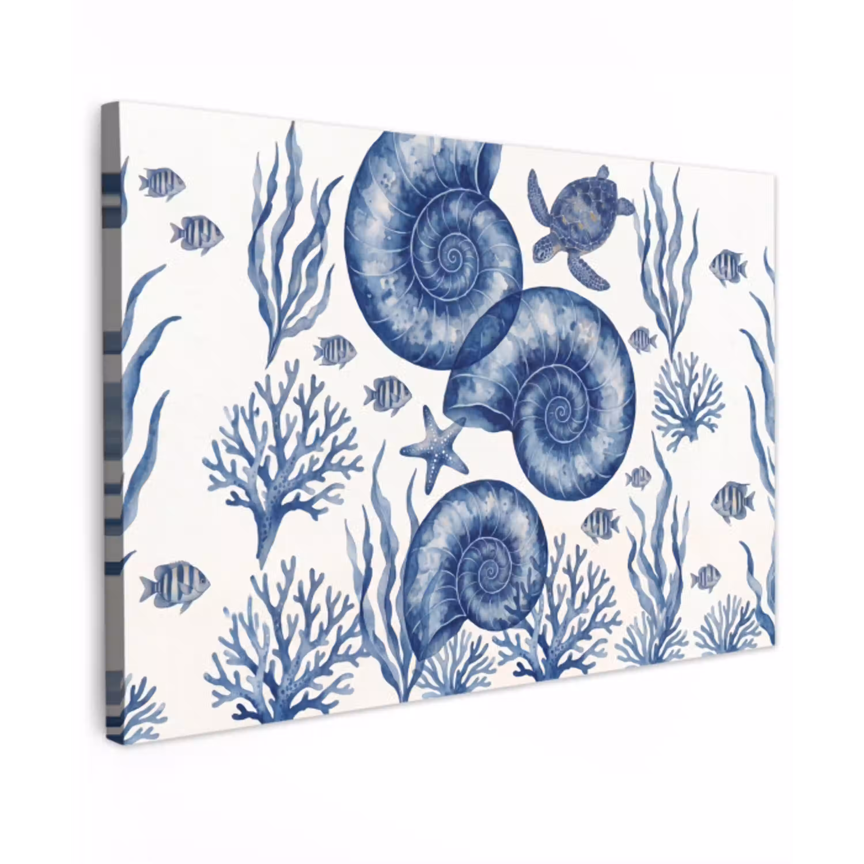 Schelp - Spiraal - Zeeleven - Aquarel - Blauw canvas 2cm klein -z3d