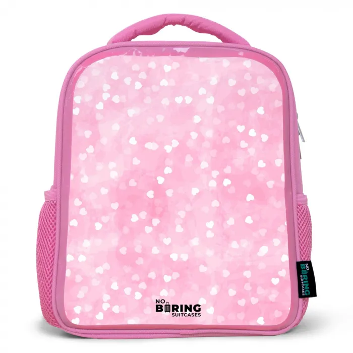 Roze glitter hartjes Kinderrugzak - Roze middel -3d