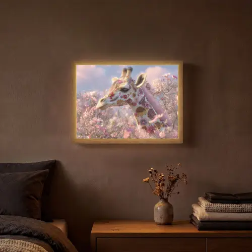 Giraffe - Bloemen - Roze Light Box met batterij (Wandlamp) middel -sfeer4