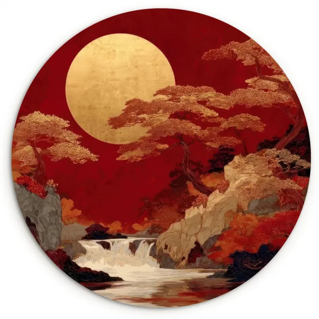 Volle maan - Landschap - Waterval Wandcirkel kunststof plaat 5mm dik klein -3d