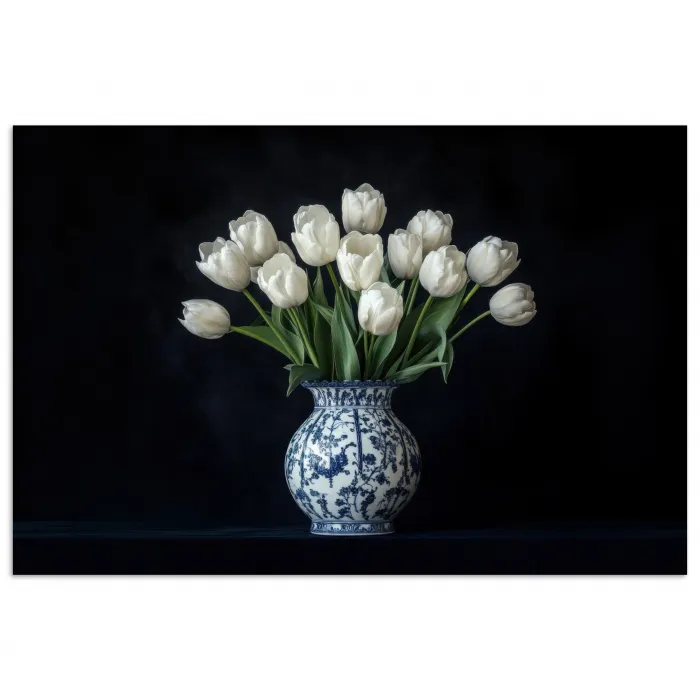 Wit - Bloemen - Tulpen - Vaas poster papier klein -3d